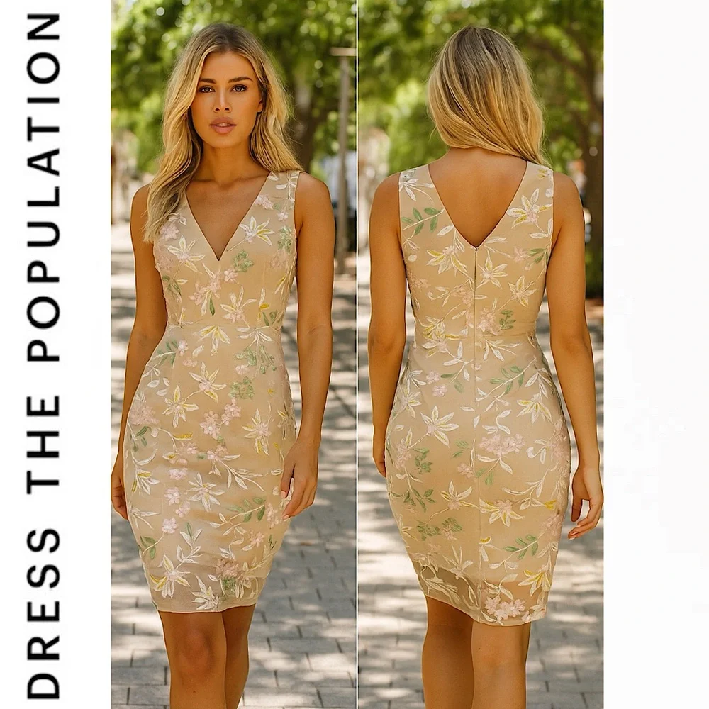 Dress the Population Embroidered Floral Sequin Sheath Mini Dress V-Neck Size M - Picture 2 of 16